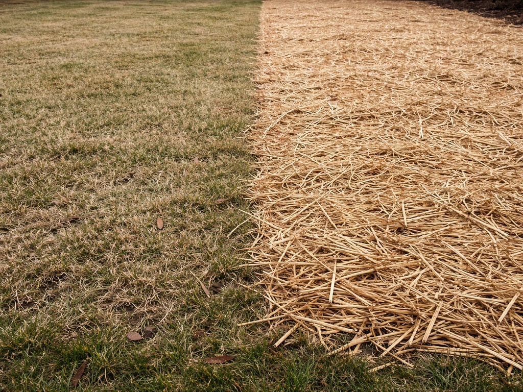 Bermuda lawn in early winter covered with 5–7cm dry straw mulch insulating dormant grass
