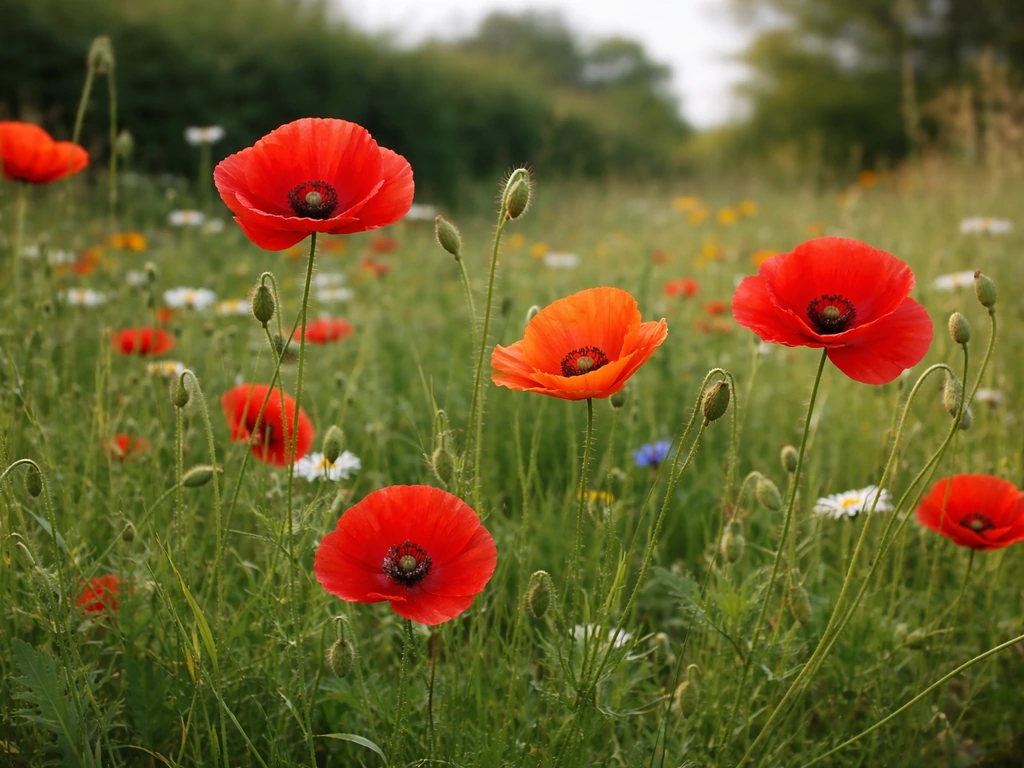 Red and orange wild poppies blooming in a simple UK garden meadow with soft natural light.