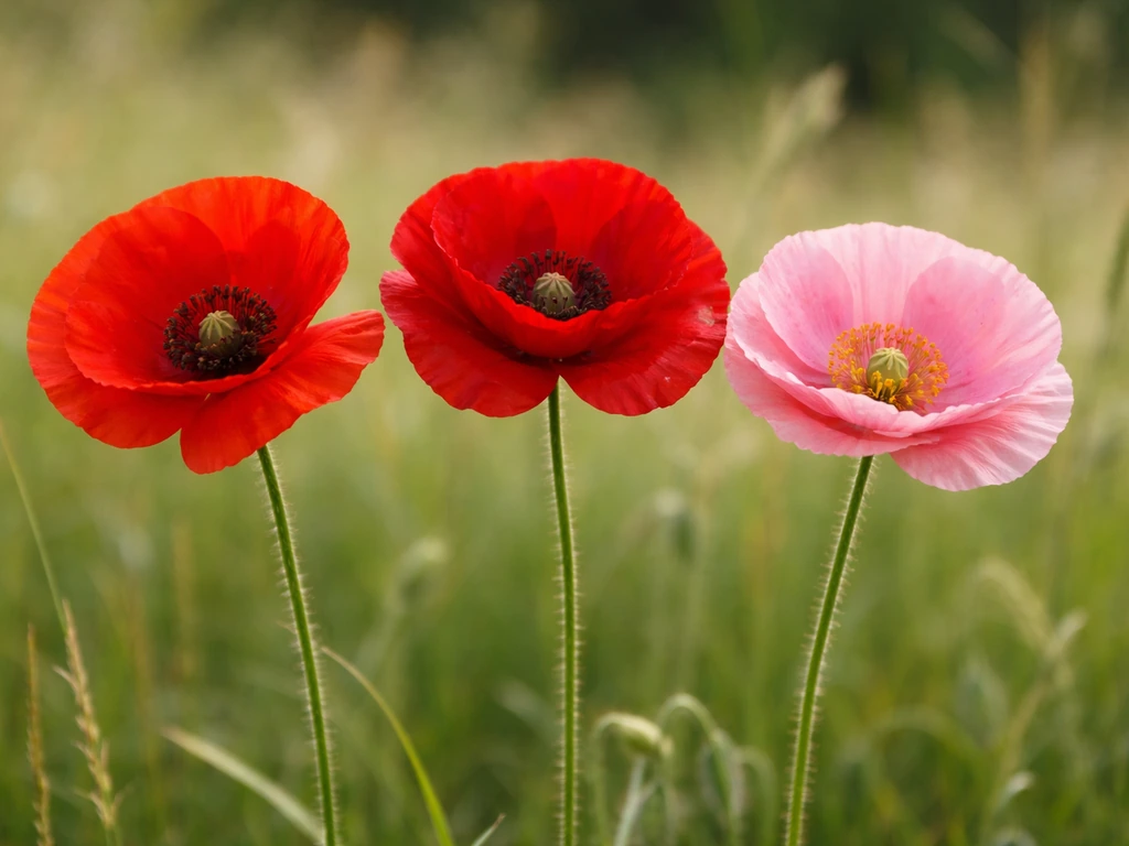 Close-up of several poppy flowers in different colours and shapes, softly blurred background.