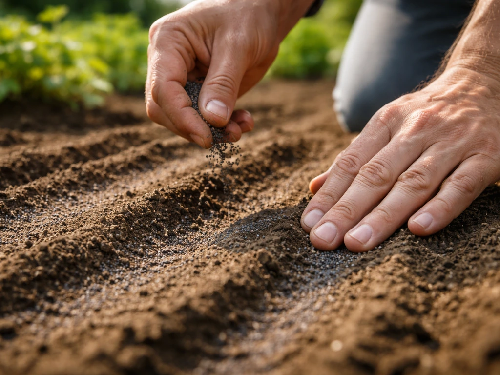 Hands lightly pressing tiny poppy seeds into a raked seedbed in a sunny garden.
