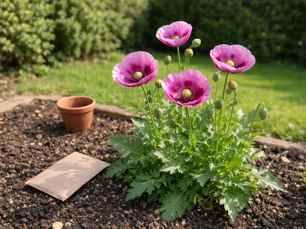 Pink opium poppy blooms in a UK garden bed beside a small pot with regulatory-check context