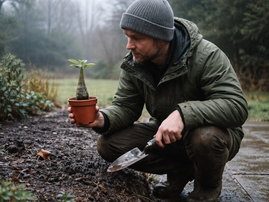 UK gardener holding a small baobab plant beside a cold, damp garden bed under cloudy skies