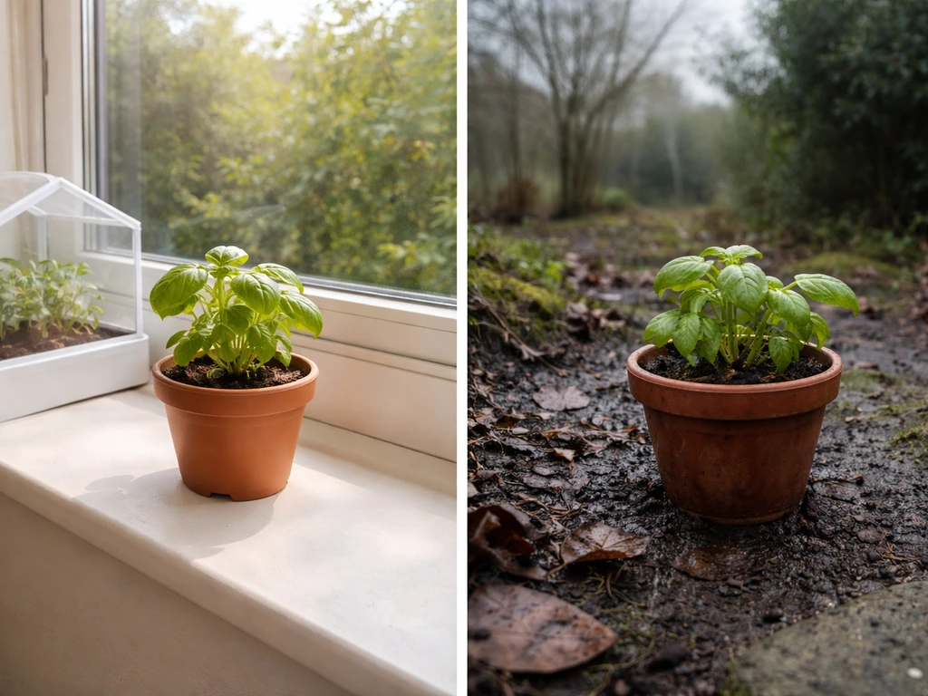 Bright windowsill with a small indoor potted plant contrasted with a damp outdoor pot in cloudy UK weather.