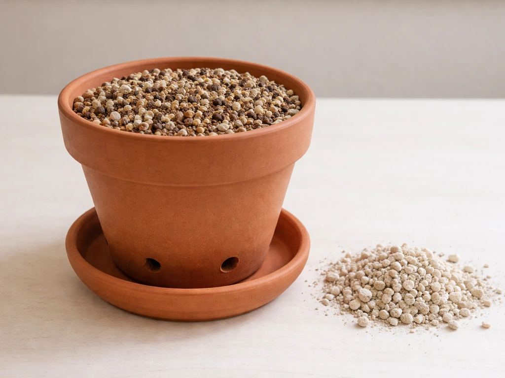 Terracotta baobab pot with drainage holes and gritty succulent mix beside pumice/perlite under natural light.