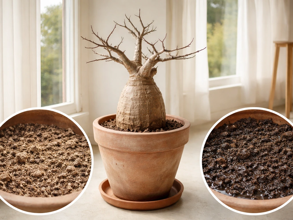 Baobab tree in a pot inside a bright conservatory during winter, with a small split view showing dry vs too-wet soil.