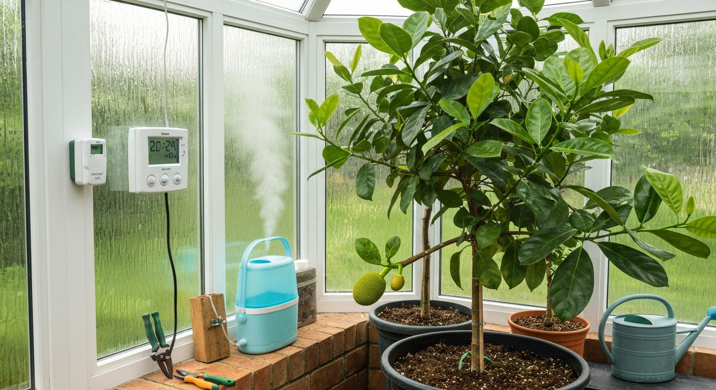 Grafted jackfruit tree in a heated conservatory container with thermostat and humidifier, showing a small developing fruit.