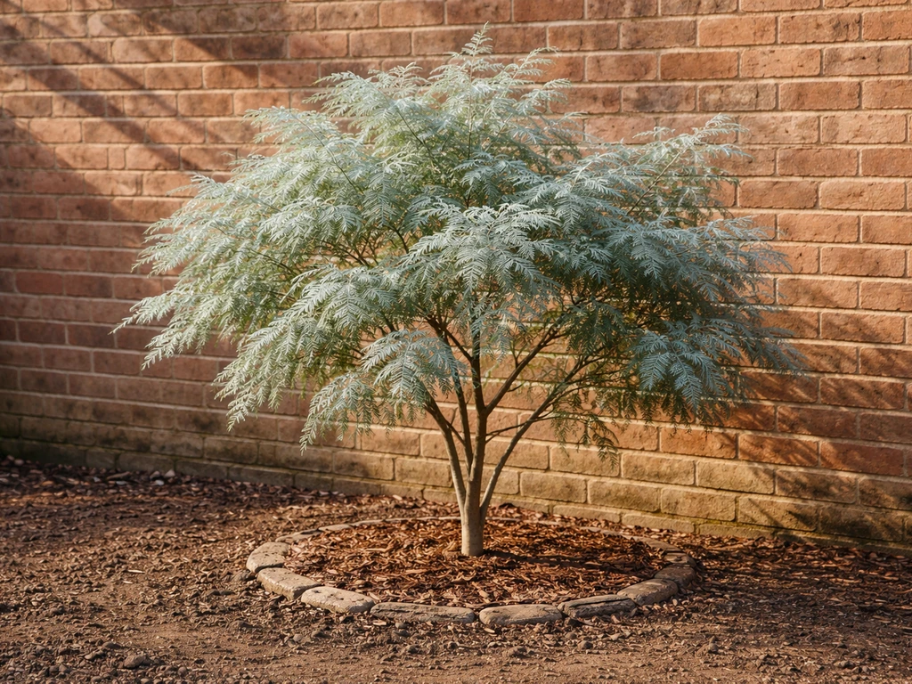 Silvery Acacia dealbata-style tree sheltered by a south-facing brick wall in a UK garden.