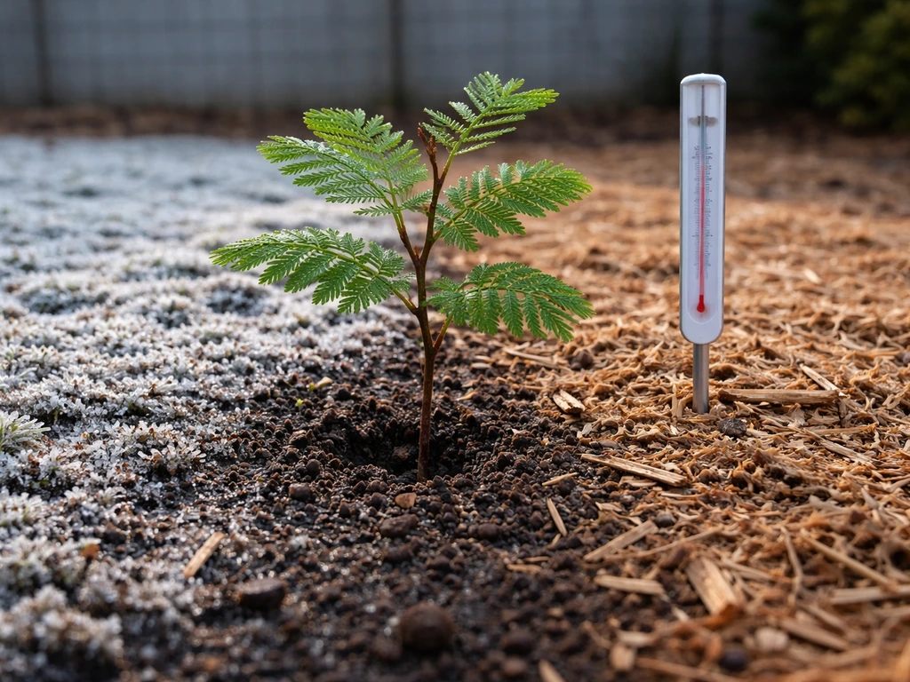 Small acacia in a simple garden bed with frosty ground and dry mulch for cold vs wet contrast