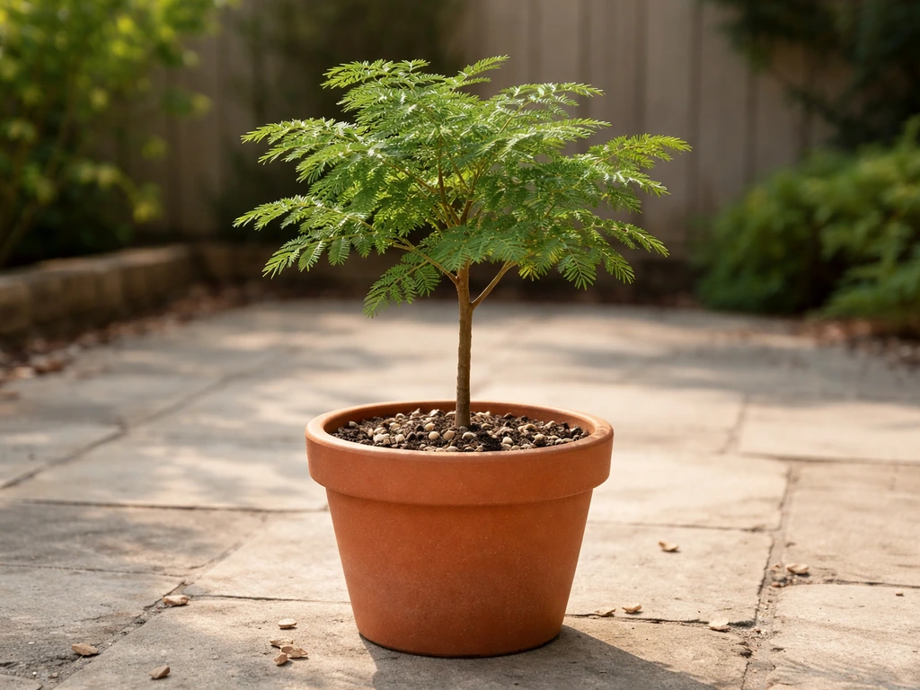 Potted acacia in a free-draining soil mix on a patio, ready to be moved to a sheltered winter spot.
