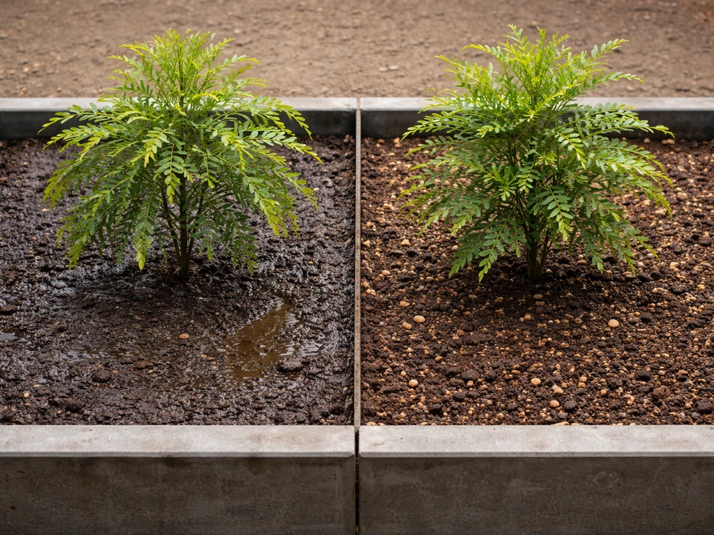 Left soggy compacted soil and drooping tips versus right raised free-draining soil with healthier growth.