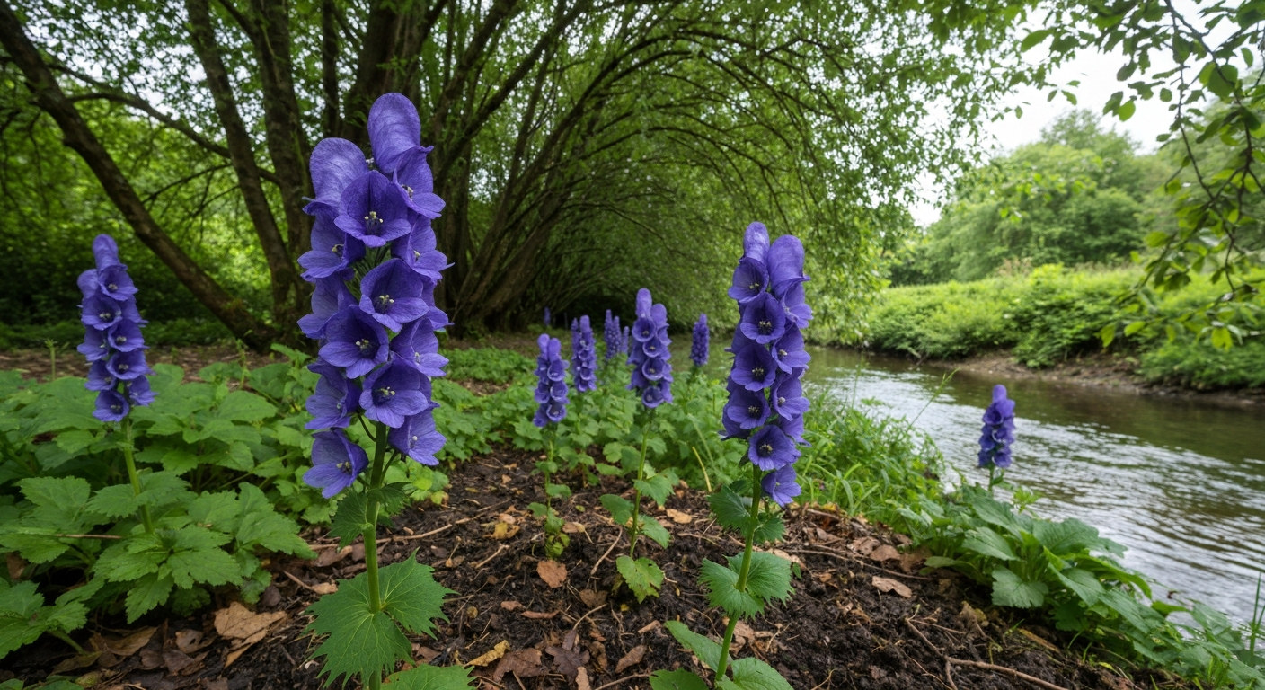 Wolfsbane (Aconitum) with tall violet-blue flower spikes growing on a shady, moist streamside garden edge in the UK.