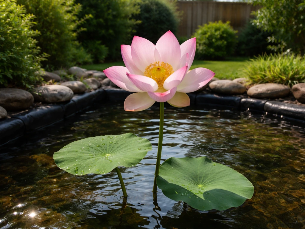 Blooming lotus in a UK-style garden pond with soft sunlight and still water