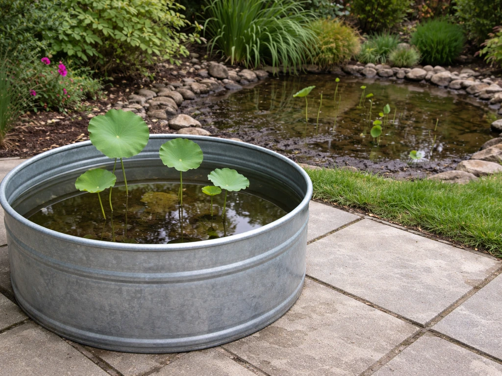 Freestanding stock tank with lotus at right depth beside a shallow open pond bed for planting lotus.
