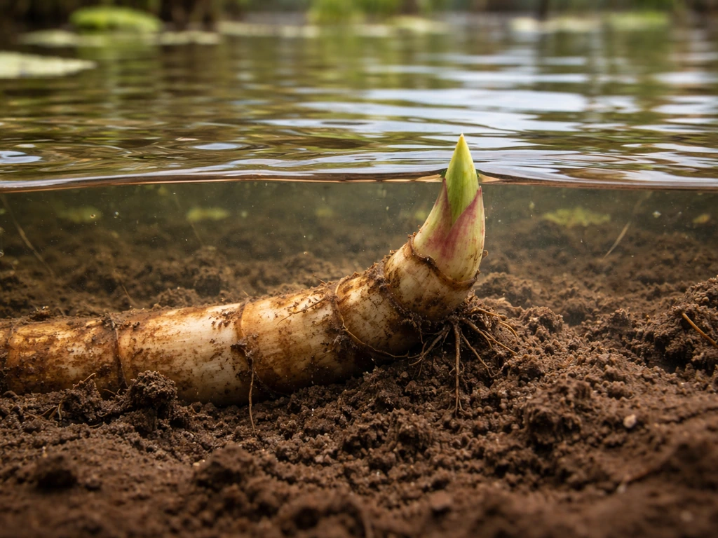 Close-up of a lotus rhizome with the growing tip just below the pond water surface.
