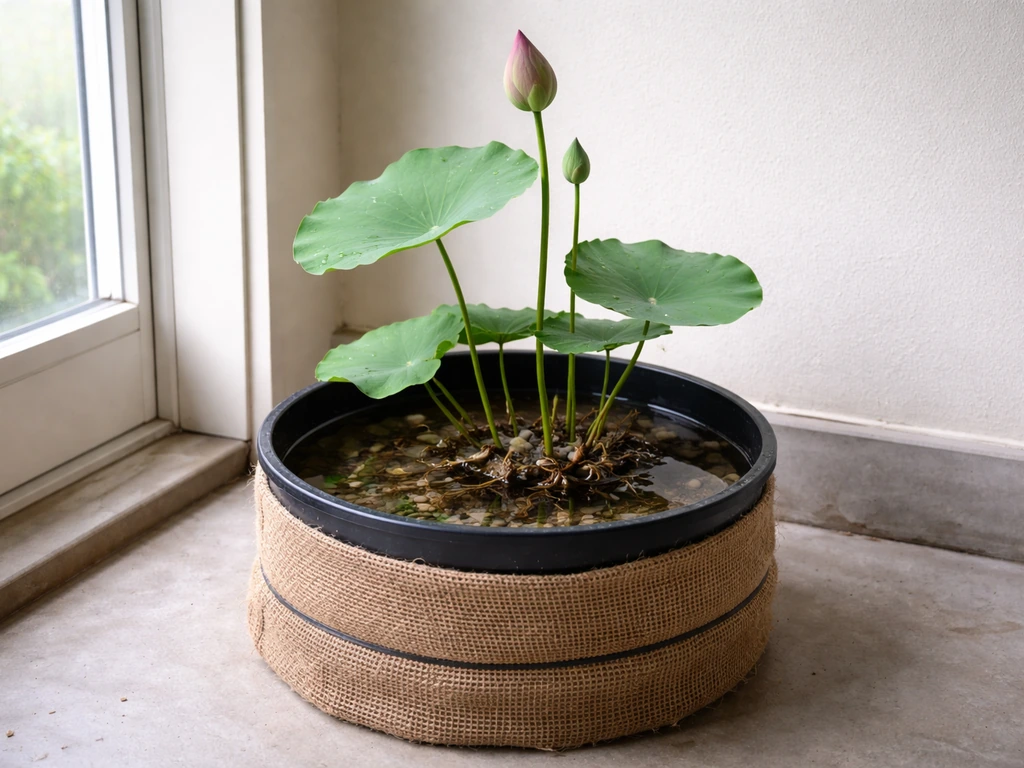 Indoor lotus container with reduced shallow water and insulated storage setup in a frost-free corner.