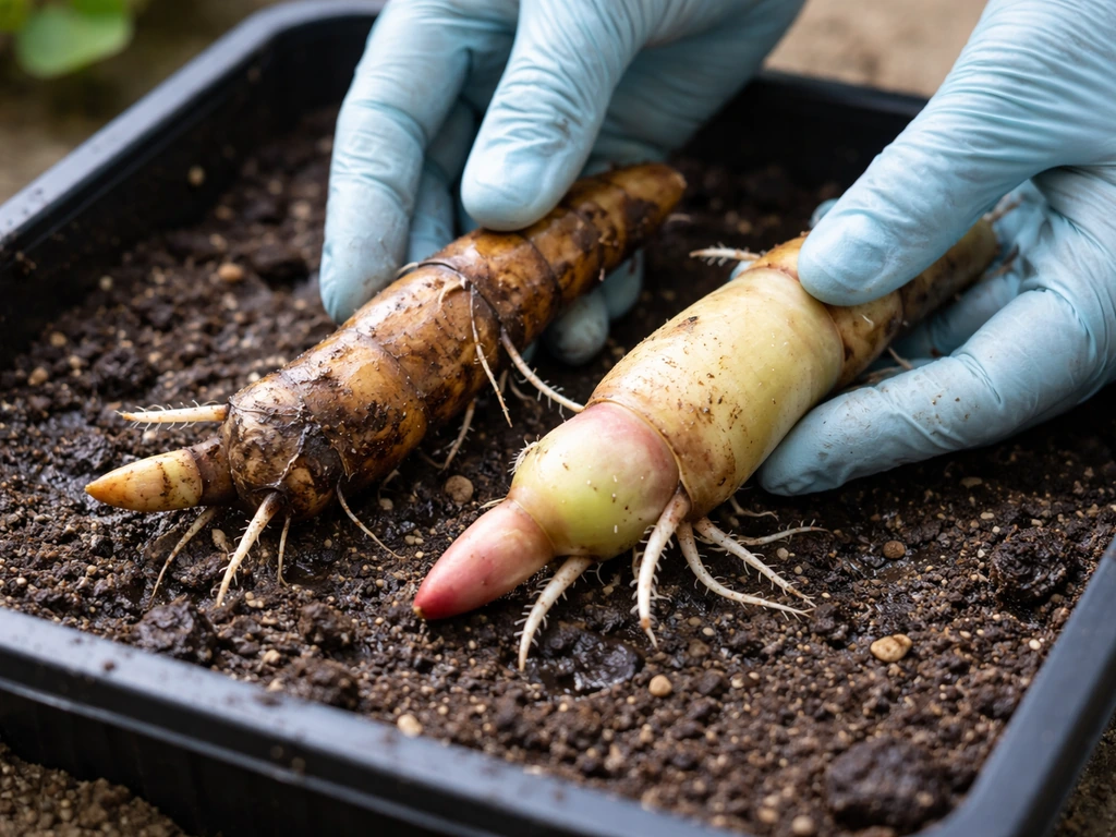 Gloved hands inspecting a lotus rhizome next to a healthy one in a small damp soil tray.