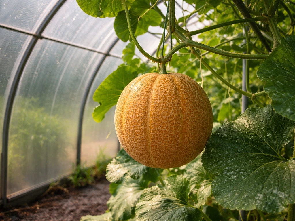 Sun-warmed cantaloupe melon ripening on the vine inside a UK greenhouse.