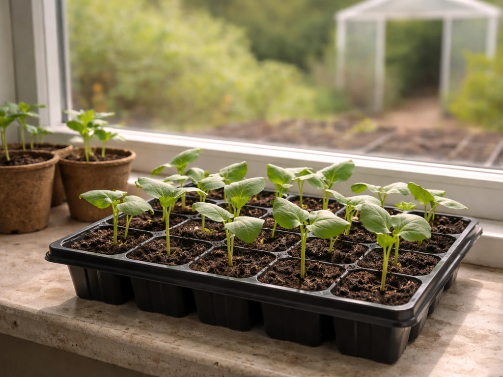Young cantaloupe seedlings in small modules on a bright windowsill, with a greenhouse entrance in the background.