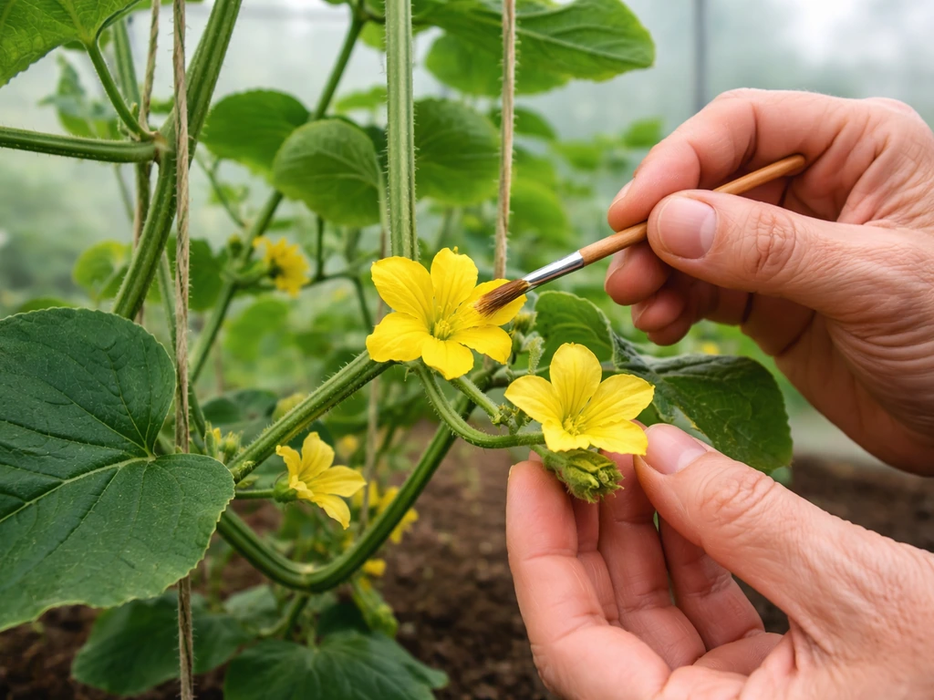 Gardener hand-pollinating cantaloupe flowers in a greenhouse with male and female blossoms on the vine.