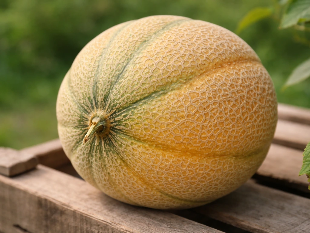 Close-up of a ripe cantaloupe showing green-to-golden skin change and stem separation.