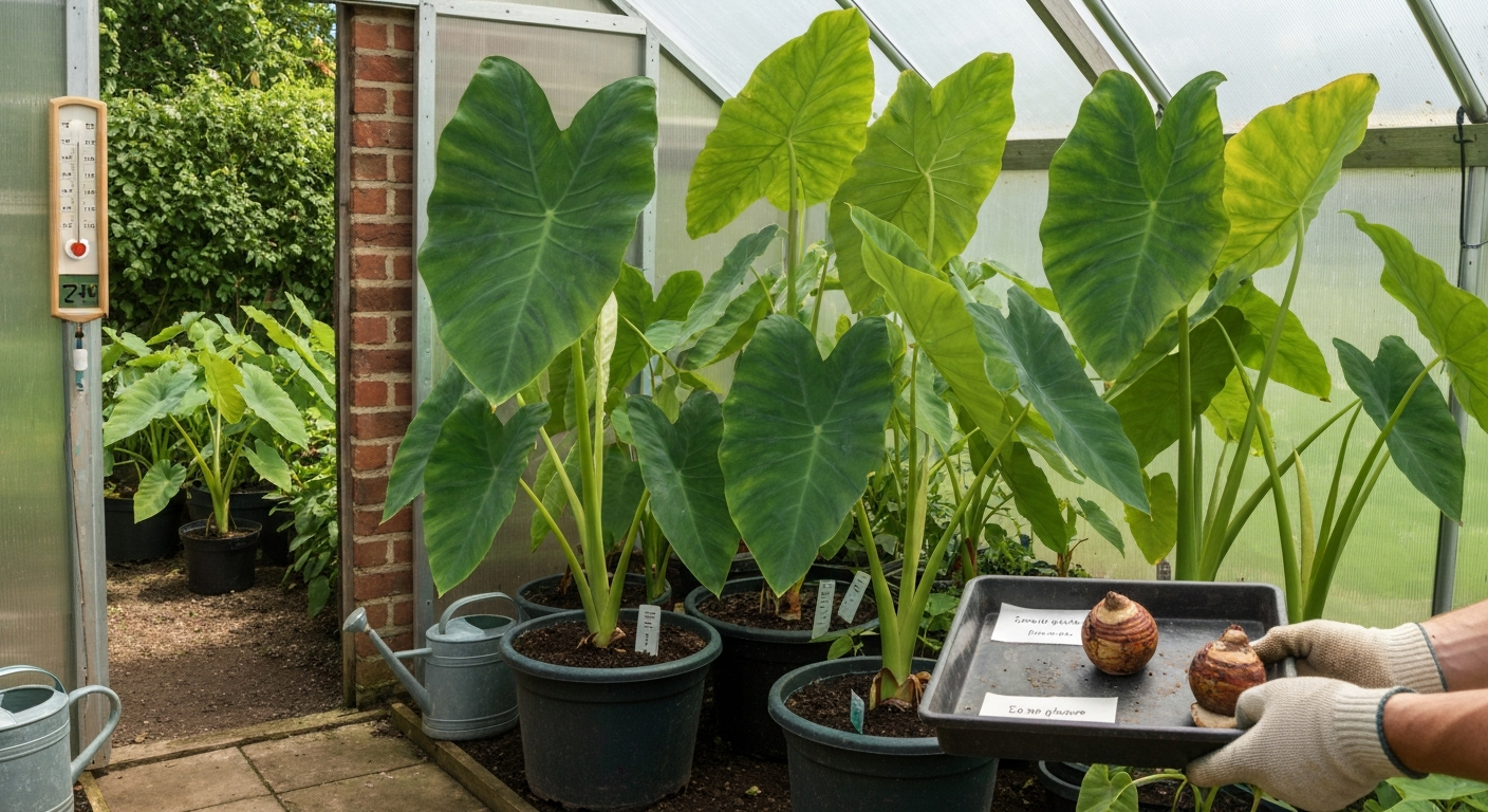 Taro plants with large leaves growing in a UK polytunnel, pots and bed visible, with a harvested corm on a gloved hand.