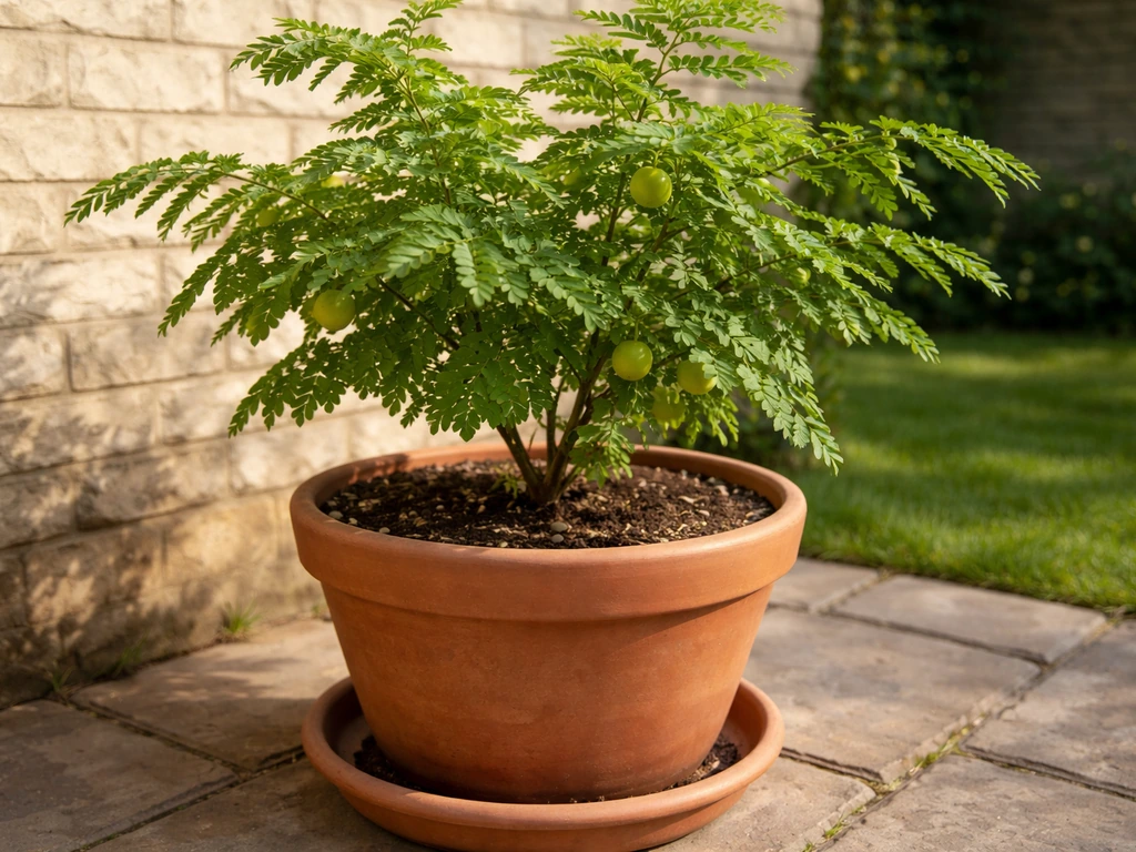 Amla plant in a large container outdoors in warm UK sunlight, leaves thriving near a patio wall