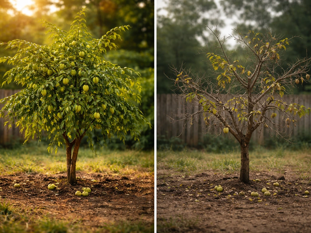 Amla tree thriving in warm sun with leaves, contrasted with a stressed, bare-branch tree in cool overcast light.