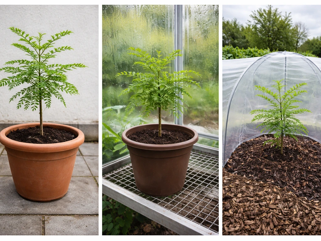 Three-panel style photo showing amla container patio, greenhouse conservatory pot, and protected open-ground bed outdoor