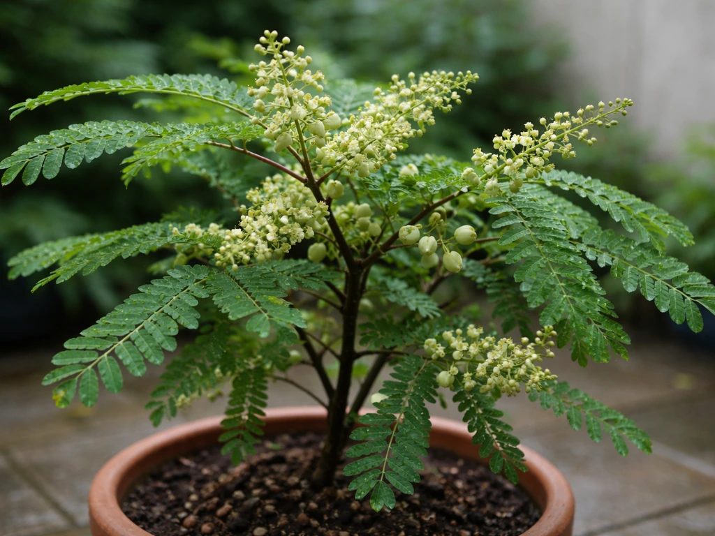 Close-up of amla tree blossoms and tiny developing berries on a UK patio planter in soft overcast light.