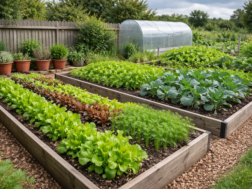 UK garden beds with mixed easy crops under mild coastal weather