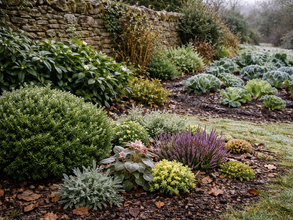 A minimal UK garden showing hardy plants in sunny border, sheltered wall, and winter-hardy veg patch.