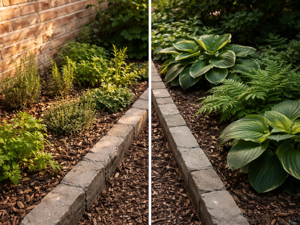 Split garden bed showing a sunny south side with herbs and a shaded north side with leafy greens.