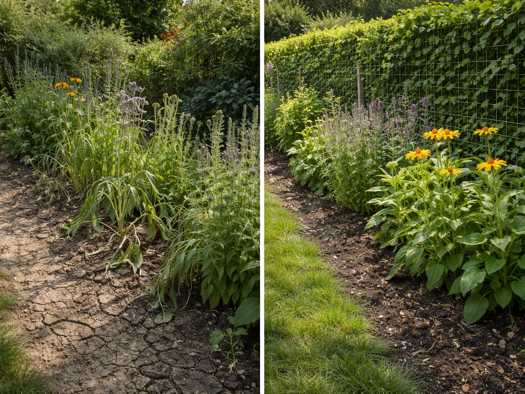 Hardy border garden showing exposed plants with leaning stems beside a windbreak hedge with healthier growth.