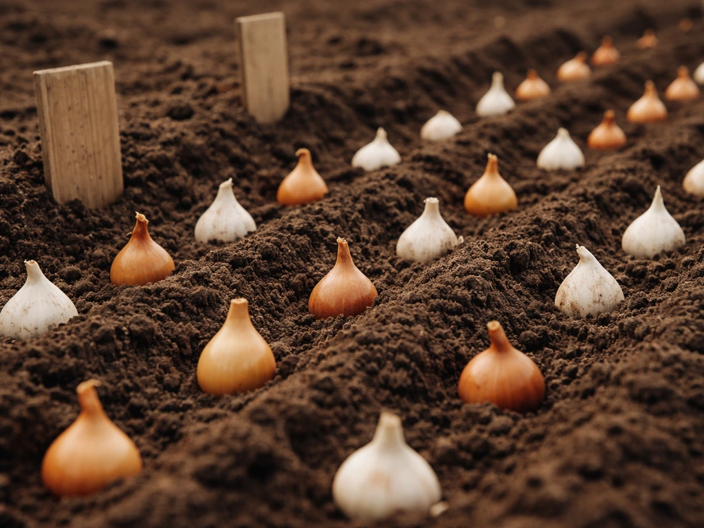 Small onion and garlic sets planted in neat rows in dark soil with a few blank markers.