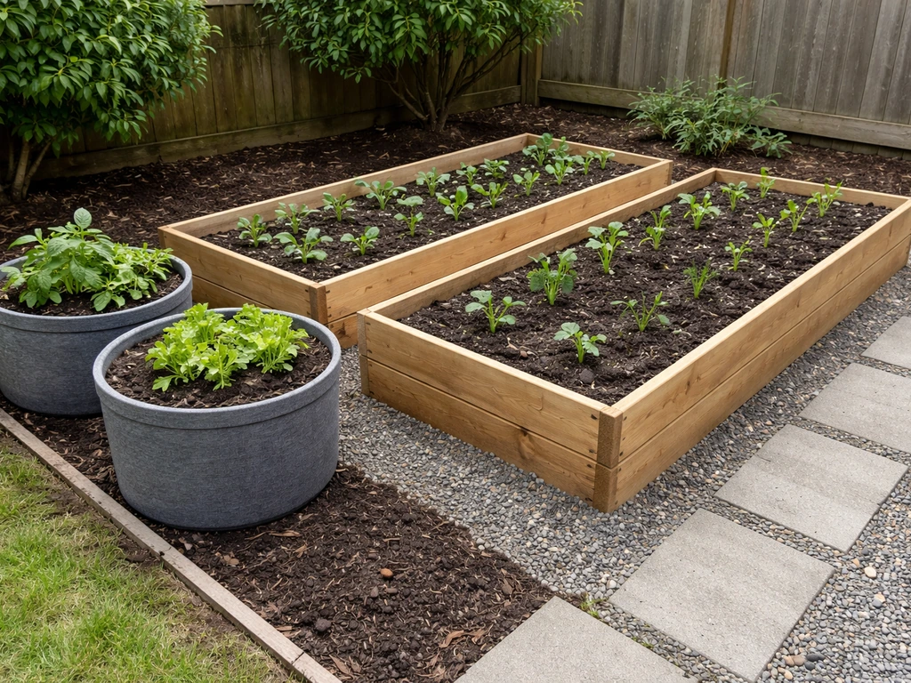 Raised wooden garden beds with mixed hardy plants and nearby containers in a sheltered backyard.