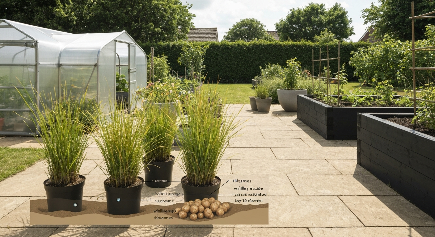Photorealistic UK garden scene with a polytunnel, sunlit patio and large containers of tiger nut plants; inset soil cutaway shows shallow rhizomes and wrinkled tubers in the top 10–20 cm of soil.