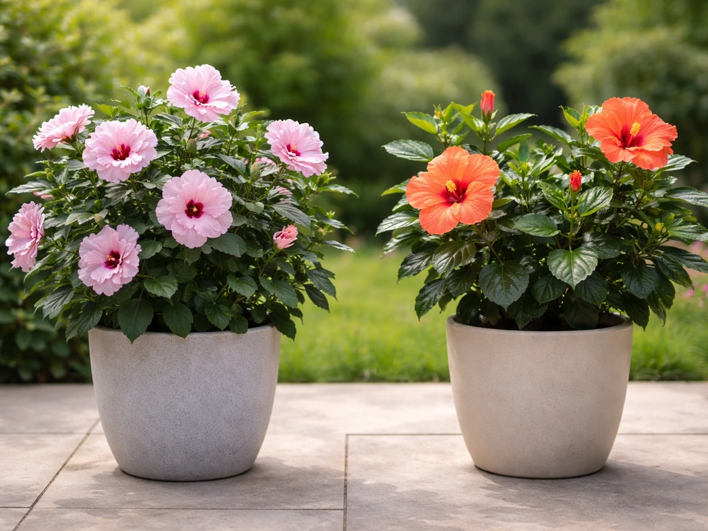 Side-by-side potted hardy and tropical hibiscus plants with different blossoms in a simple garden patio setting