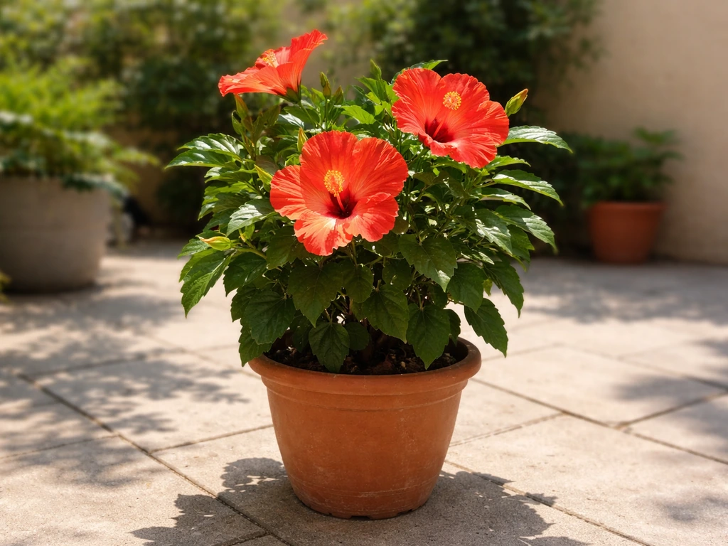 Vivid red-orange tropical hibiscus in a terracotta pot on a sunny patio with softly blurred garden background