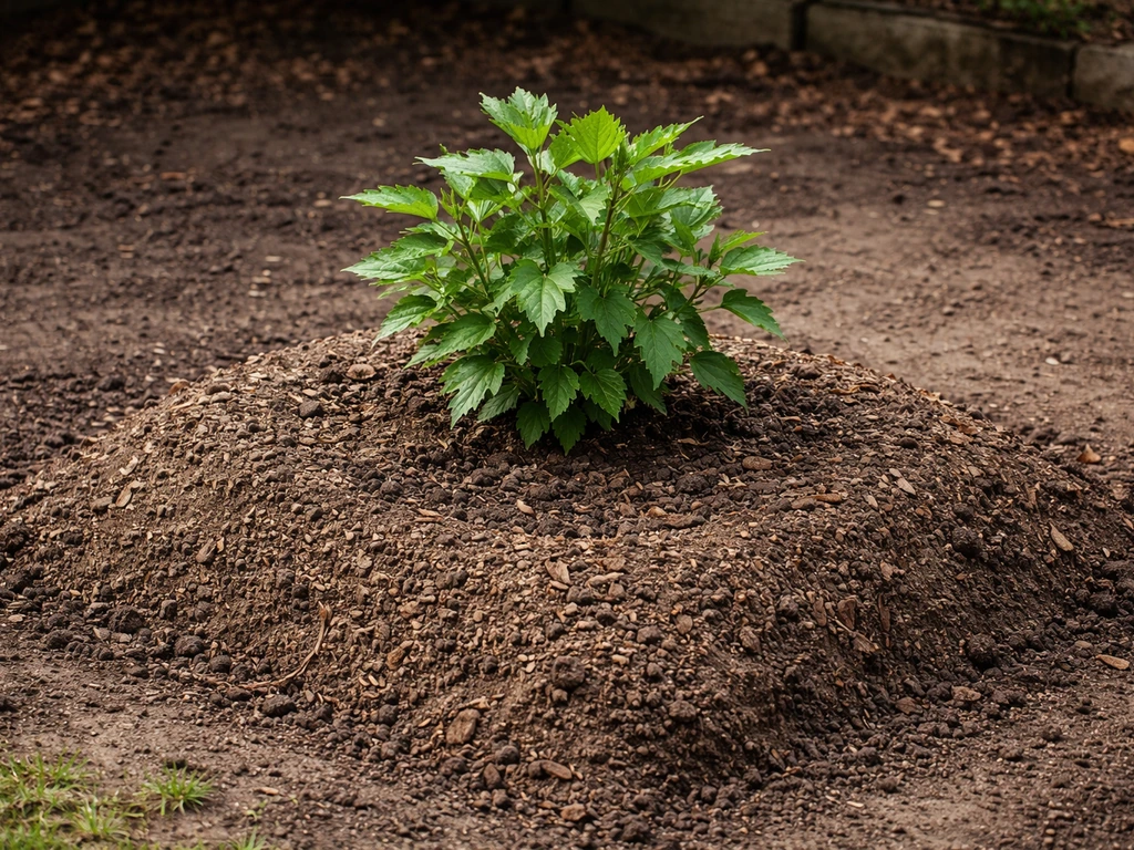 Hibiscus planted on a raised mound of improved soil in a UK garden with visible drainage