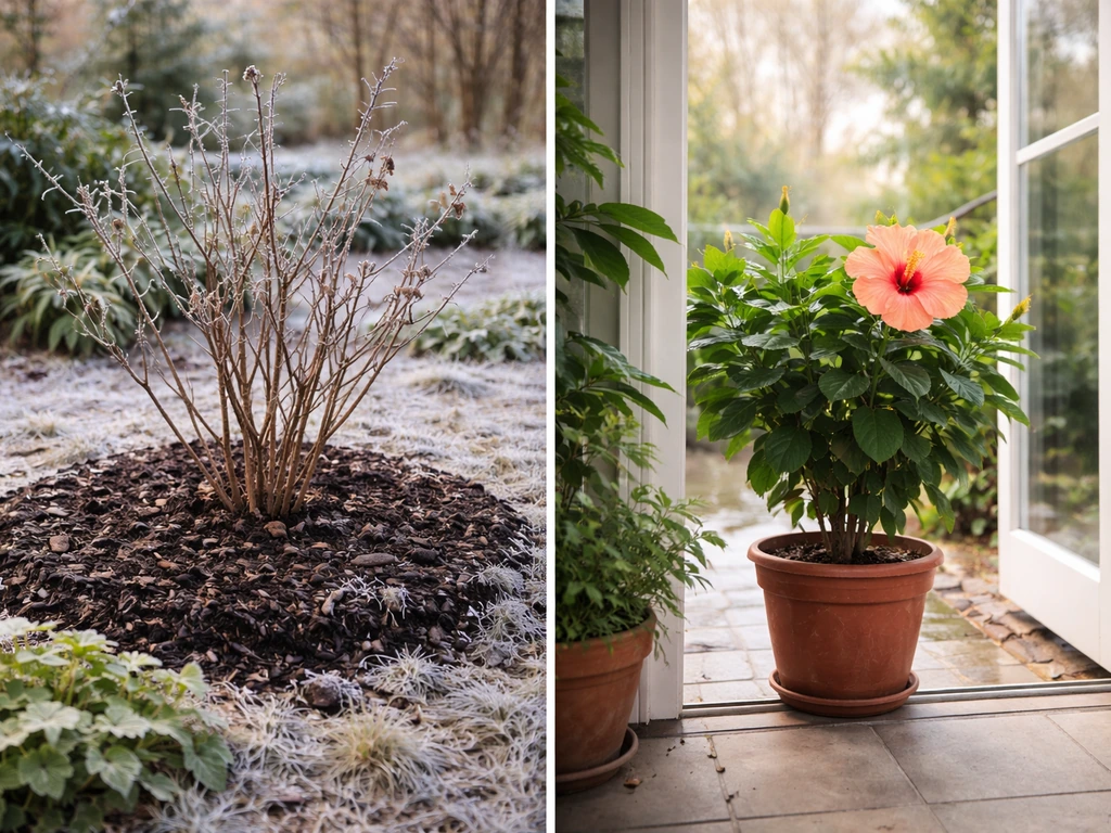 Winter base of hardy hibiscus mulched in soil beside a tropical hibiscus pot kept indoors.