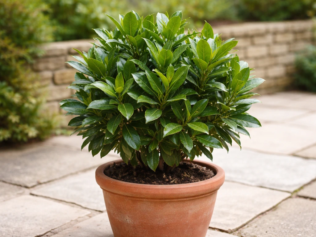 Bay laurel plant in a terracotta pot on a UK patio with evergreen leaves and a garden backdrop.