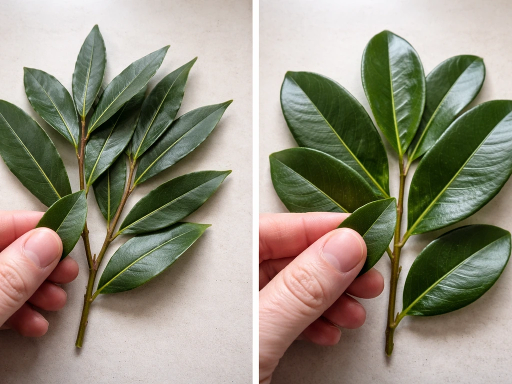 Side-by-side close-up of bay laurel and cherry laurel leaves, with fingers gently pinching for aroma check.
