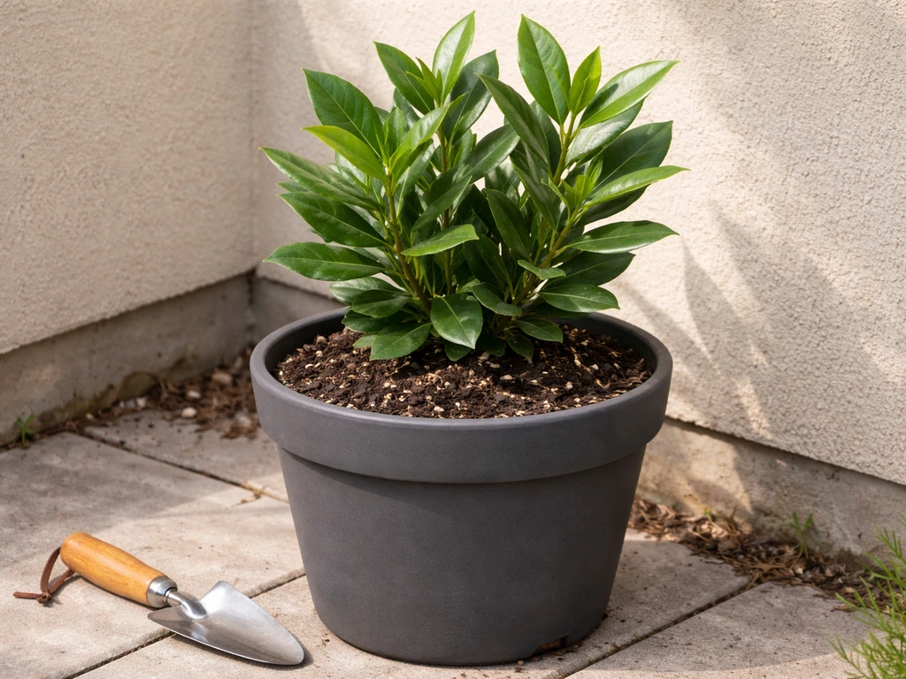 Bay laurel (Laurus nobilis) in a medium pot with drainage layer visible and proper outdoor placement