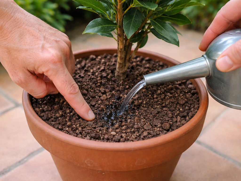 Close-up of bay laurel pot with gardener finger-testing dry compost and gentle watering starting
