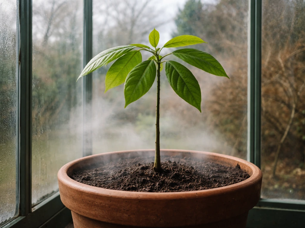 Young Brazil nut sapling in a UK greenhouse with cool overcast outside, hinting at climate mismatch.