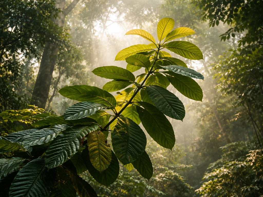 Close-up of a Brazil nut tree branch with large leaves under tropical canopy light and warmth