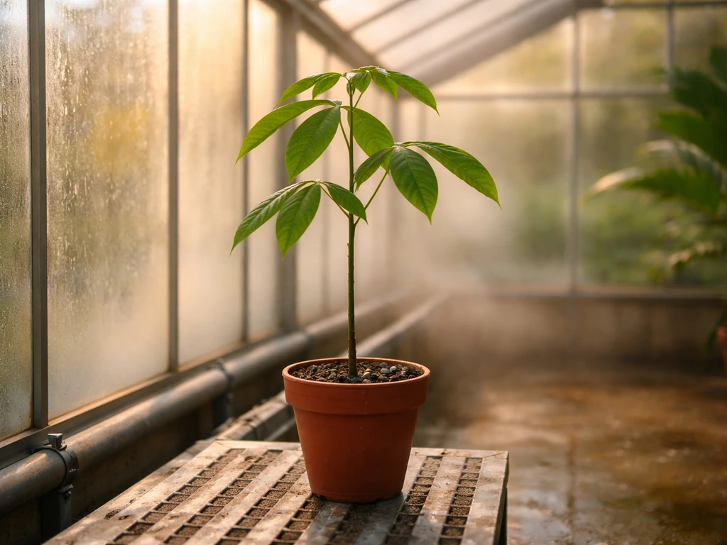 Young Brazil nut plant in a warm misty heated greenhouse beside glass panels and heating pipes