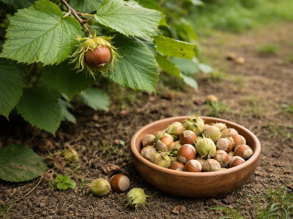 Freshly harvested hazelnuts in a bowl beside a hazel shrub branch with a nut on it.