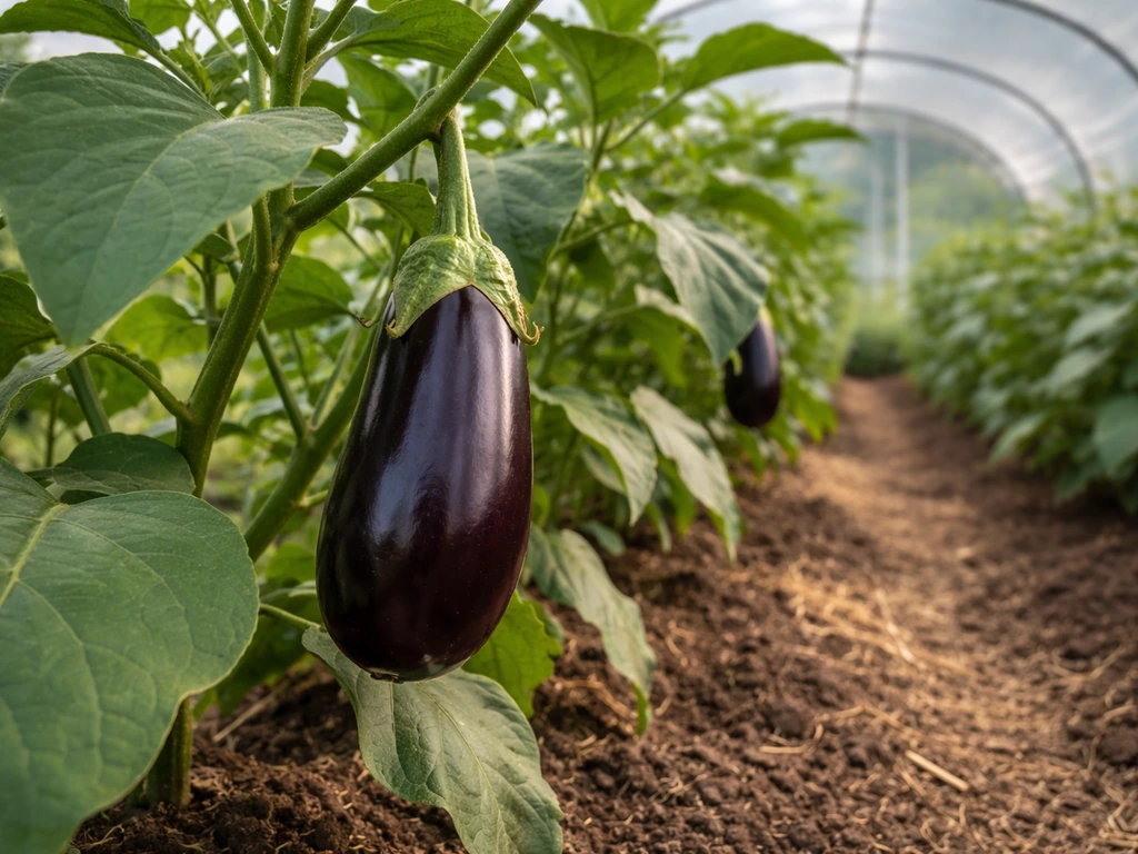 Ripe aubergine fruit on a plant in a UK greenhouse, ready for harvest