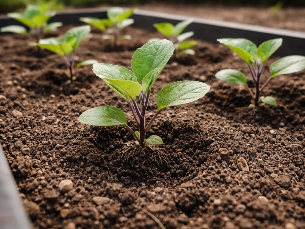 Close-up of healthy aubergine seedlings in free-draining compost with well-spaced roots in a tidy bed.